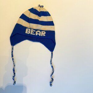Blue & White Striped Knit Baby Kids Personalized with "Bear" Earflap Cotton Hat